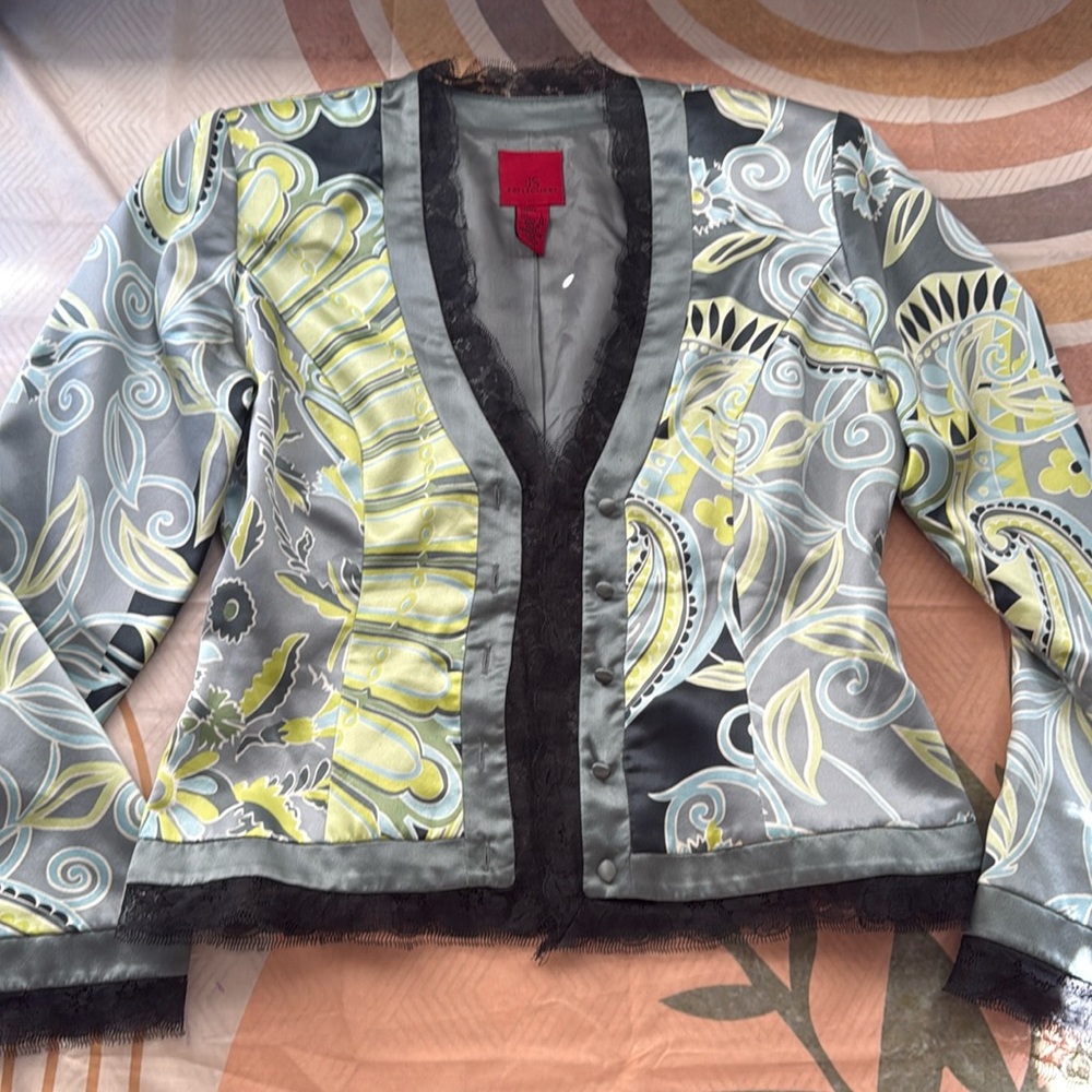 JS Collections Vintage Lime Gray Silk Blazer